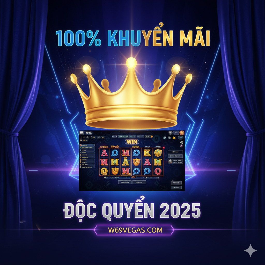 Một visual shock game cover. Chủ đề là “4King PG Slot” và “W69Vegas”. Trung tâm là một chiếc vương miện vàng khổng lồ, lấp lánh (tượng trưng cho '4King'), bên dưới là ảnh chụp màn hình máy đánh bạc hoặc giao diện trò chơi PG Soft cổ điển (chẳng hạn như Treasury of Aztec hoặc Mahjong Ways 2). nền có màu xanh đậm hoặc tím cao cấp, sang trọng với hiệu ứng đèn neon. Hình ảnh có khẩu hiệu “100% Khuyến Mãi” hoặc “Độc Quyền 2025” bằng tiếng Việt rõ ràng, phông chữ hiện đại và bắt mắt, truyền tải bầu không khí chất lượng cao và ưu đãi độc quyền.