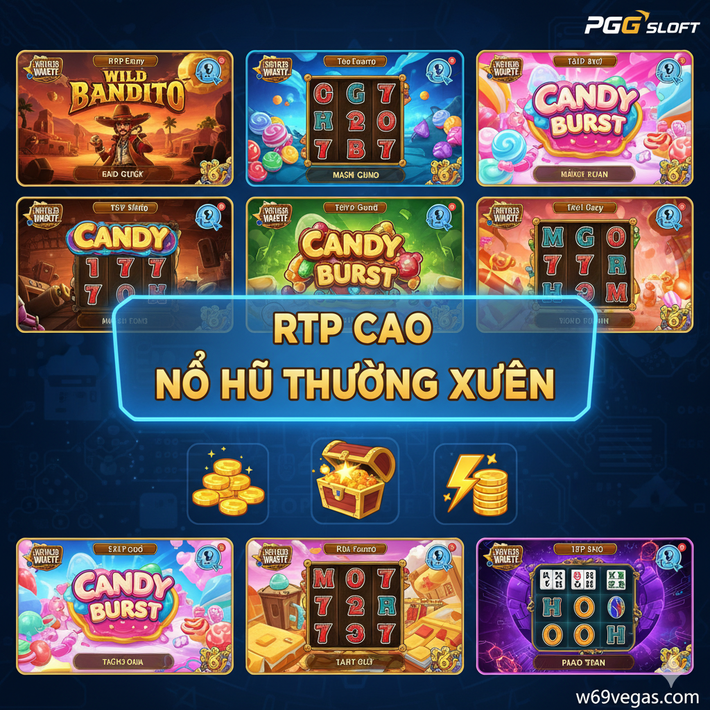 Một hình ảnh chức năng trưng bày sự đa dạng và cơ chế cốt lõi của trò chơi PG Slot. Hình ảnh sử dụng bố cục chia màn hình hoặc chín ô, hiển thị ảnh chụp màn hình thu nhỏ của các trò chơi PG Soft với các chủ đề khác nhau, chẳng hạn như “Wild Bandito” (Miền Tây/Mexico), “Candy Burst” (Kẹo) và “Mahjong Ways” (Mạt chược). Trung tâm nổi bật các nhãn tiếng Việt “RTP Cao” và “Nổ Hũ Thường Xuyên”, đồng thời sử dụng các biểu tượng nhỏ (như đống tiền vàng, biểu tượng giải độc đắc, biểu tượng tia chớp) để nhấn mạnh các đặc điểm tỷ lệ thắng cao, hoàn tiền cao và thanh toán nhanh chóng. Tông màu tổng thể tươi sáng và đầy sức sống, thể hiện sự thú vị của trò chơi.