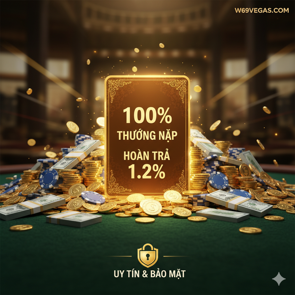 Một hình ảnh nhấn mạnh các chương trình khuyến mãi độc quyền và tỷ lệ hoàn tiền cao. Hình ảnh chính là một cảnh đầy tiền vàng và chip, ở giữa đặt một thẻ ưu đãi bắt mắt với số lớn tiếng Việt ghi “100% Thưởng Nạp” và “Hoàn Trả 1.2%”, nhấn mạnh tính độc quyền và giá trị cao. Phía dưới hình ảnh có thể đặt biểu tượng ổ khóa và lá chắn, tượng trưng cho “Uy Tín & Bảo Mật” (Uy tín và An toàn), góc trên bên phải có Logo nhỏ của W69Vegas, tổng thể bố cục thu hút sự chú ý của người dùng vào tiền bạc và sự đảm bảo an toàn.