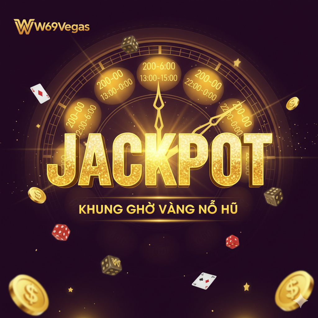 Một hấp dẫn mắt ảnh bìa, chủ đề là “chọn thời điểm (choose time slot)” và “giờ vàng kích nổ hũ”. Ảnh áp dụng phong cách chủ đề casino/slot game độ tương phản cao, màu chủ đạo là vàng và tím đậm. Trung tâm là một chữ “JACKPOT” khổng lồ, lấp lánh, bên dưới có dòng chữ tiếng Việt nhỏ “Khung Giờ Vàng Nổ Hũ”. Bối cảnh là cận cảnh chiếc đồng hồ, trong đó ba khung giờ 2:00-6:00, 13:00-15:00, và 22:00-0:00 được tô sáng bằng ánh vàng. Toàn bộ bố cục phải tràn đầy năng lượng và cảm giác may mắn, đồng thời bao gồm các yếu tố thương hiệu của W69Vegas (như một logo nhỏ hoặc biểu tượng máy slot).