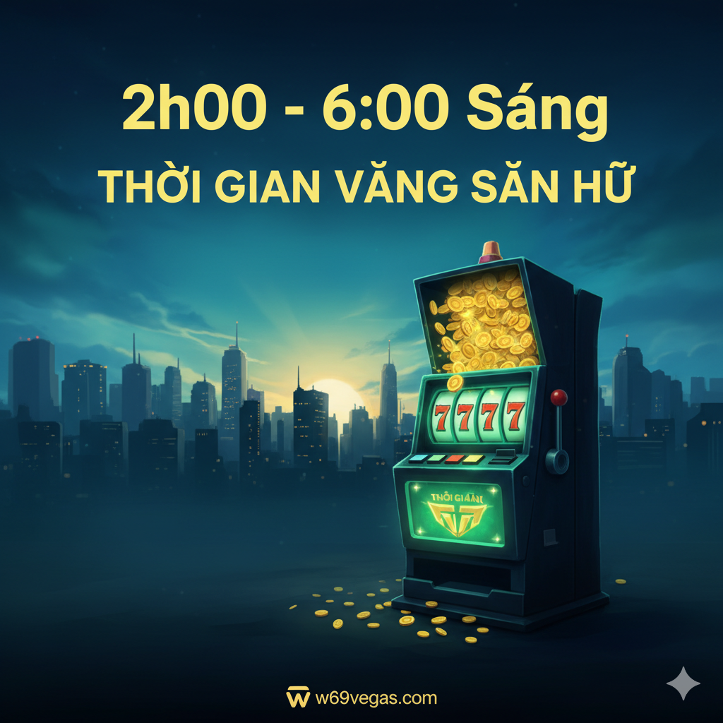 Hình ảnh được sử dụng để làm nổi bật “Khung giờ sáng sớm (2h00 - 6h00 Sáng)” là một “tính năng/đặc điểm” cốt lõi. Bố cục sử dụng màu xanh đậm tĩnh lặng và màu vàng của bình minh làm tông màu chủ đạo. Tiền cảnh là hình bóng của một thành phố đang ngủ (thể hiện “Vắng Vẻ”), nhưng đồng thời có một máy slot (Slot Machine) đang phát sáng màu xanh lá cây và phun ra tiền vàng, tượng trưng cho giải thưởng lớn được kích hoạt trong đêm khuya tĩnh lặng. Sử dụng một con số khổng lồ “2h00 - 6h00” đặt lên trên hình ảnh để nhấn mạnh khung thời gian này. Phong cách phải bí ẩn và hấp dẫn.
