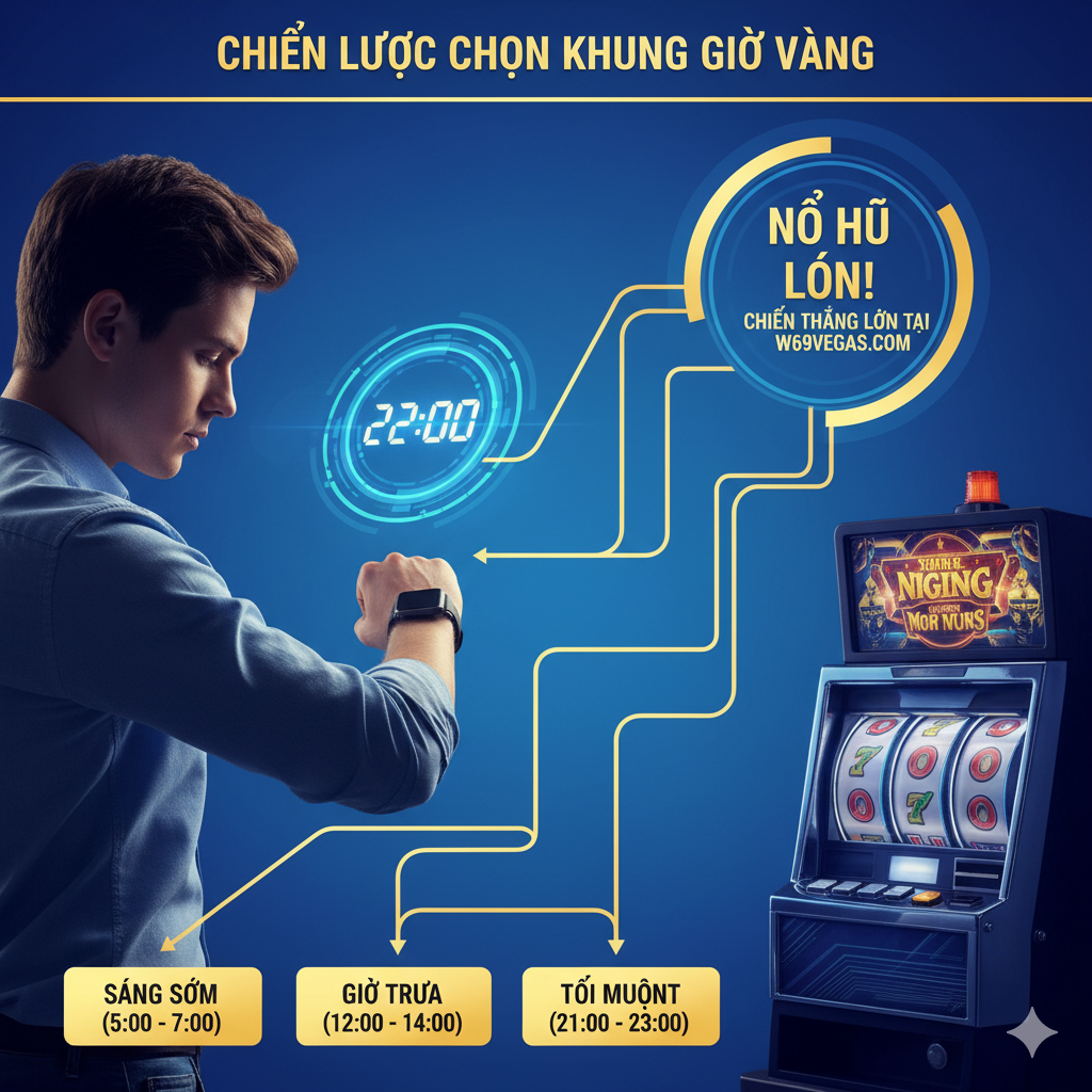 Một bức ảnh hướng dẫn về “chiến lược chọn thời điểm (choose time slot strategy)”. Bức ảnh nên trưng bày một người chơi, mặt nghiêng đối diện với máy slot, nhưng sự chú ý của người đó tập trung vào đồng hồ đeo tay hoặc một chiếc đồng hồ số lơ lửng, ngụ ý rằng người đó đang đưa ra quyết định dựa trên thời gian. Bối cảnh có thể là một biểu diễn trực quan của một bảng hoặc sơ đồ quy trình, sử dụng mũi tên kết nối ba khung giờ chính (Sáng Sớm, Giờ Trưa, Tối Muộn) với mục tiêu cuối cùng là “Nổ Hũ Lớn”. Màu sắc tươi sáng, bố cục rõ ràng, nhấn mạnh “sự lựa chọn khôn ngoan” và “lập kế hoạch”.