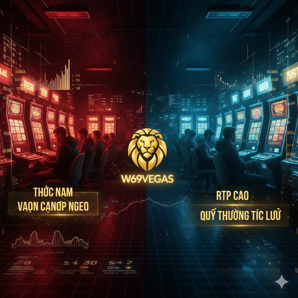 Hình ảnh trưng bày ưu thế “chọn thời điểm” trên nền tảng W69Vegas. Bố cục đối lập mạnh mẽ, sử dụng hai khu vực để thể hiện “ưu thế”: bên trái là khung giờ cạnh tranh cao, hỗn loạn, đông người, được thể hiện bằng tông màu đỏ và đám đông chen chúc; bên phải là “giờ vàng” rõ ràng, có người đang chơi Slot Game một cách yên tĩnh, được thể hiện bằng tông màu xanh dương/vàng và người chơi thưa thớt, đồng thời làm nổi bật thông báo chữ “RTP Cao” và “Quỹ Thưởng Tích Lũy”. Đặt logo thương hiệu W69Vegas ở trung tâm, nhấn mạnh đây là ưu thế độc quyền của nền tảng này. Phong cách tổng thể chuyên nghiệp và có tính phân tích dữ liệu.