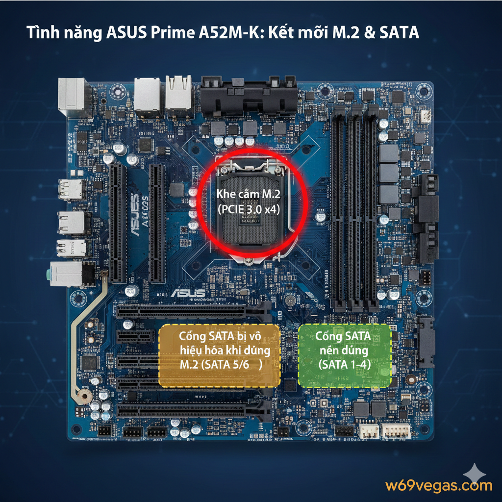 一张清晰展示 ASUS Prime A520M-K 主板上 M.2 插槽和 SATA 端口相互关系的俯视图。图片应使用红圈或高亮标识出唯一的 M.2 插槽，并用黄色/橙色标识出可能被禁用的 SATA 端口（SATA 5/6），用绿色标识出推荐使用的 SATA 端口（SATA 1-4）。这种颜色编码有助于用户快速理解“M.2会禁用部分SATA”的功能限制。整体风格应为技术蓝图或电路板特写，信息图风格，清晰标注关键技术参数（如PCIe 3.0 x4）。