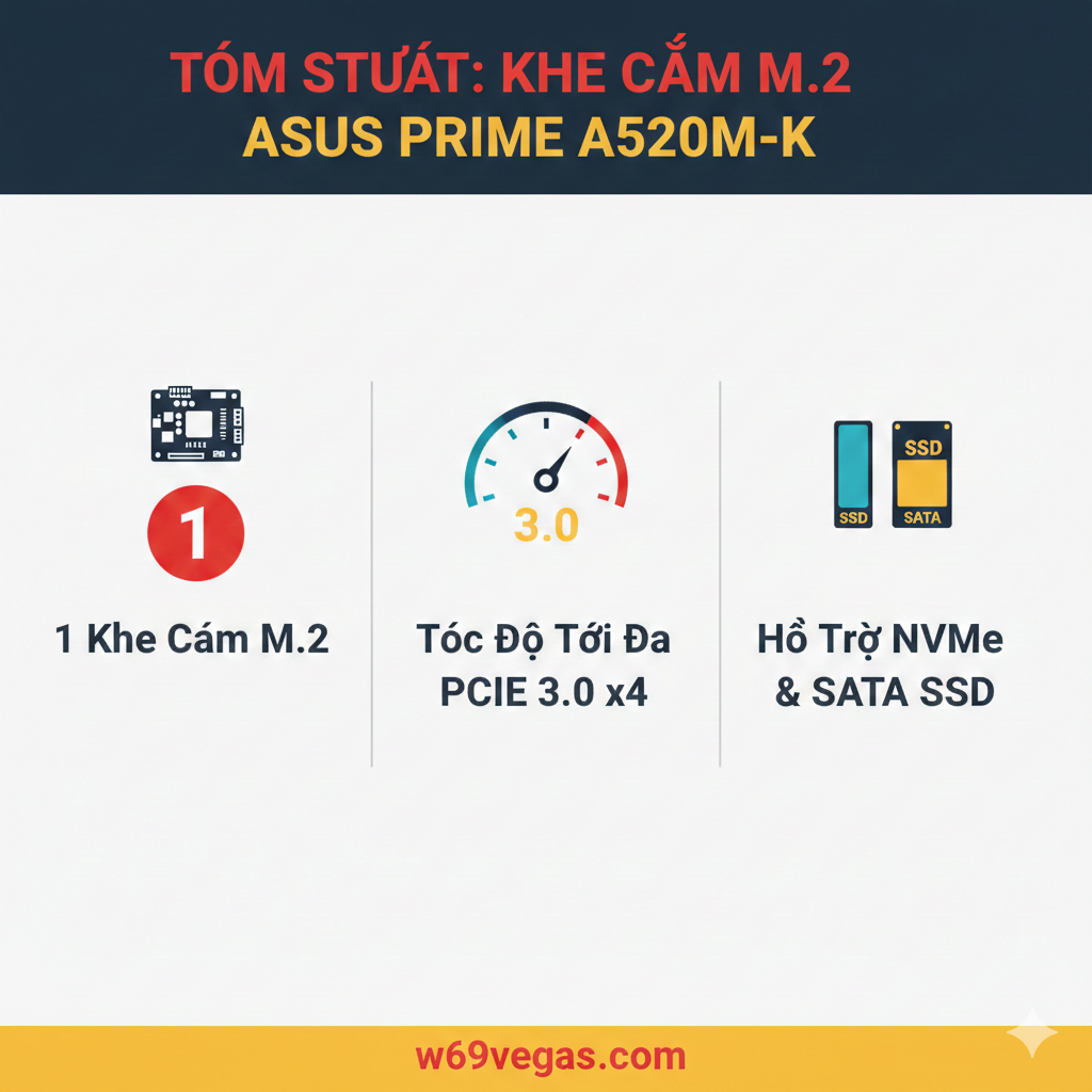 一张总结性的视觉清单，以简约的图标和文字概括 ASUS Prime A520M-K M.2 插槽的关键信息。包括三个核心图标/要点：1. '1x M.2 Slot' (图标: 主板和数字1)，2. 'PCIe 3.0 x4 MAX' (图标: 速度表和3.0)，3. 'Supports NVMe & SATA' (图标: 两个不同SSD类型)。整体风格简洁、现代，采用w69vegas.com可能偏好的越南语色彩（如红色、黄色或科技蓝色调）。图片内容应易于一眼扫过即可记住结论，作为文章结尾的视觉总结。