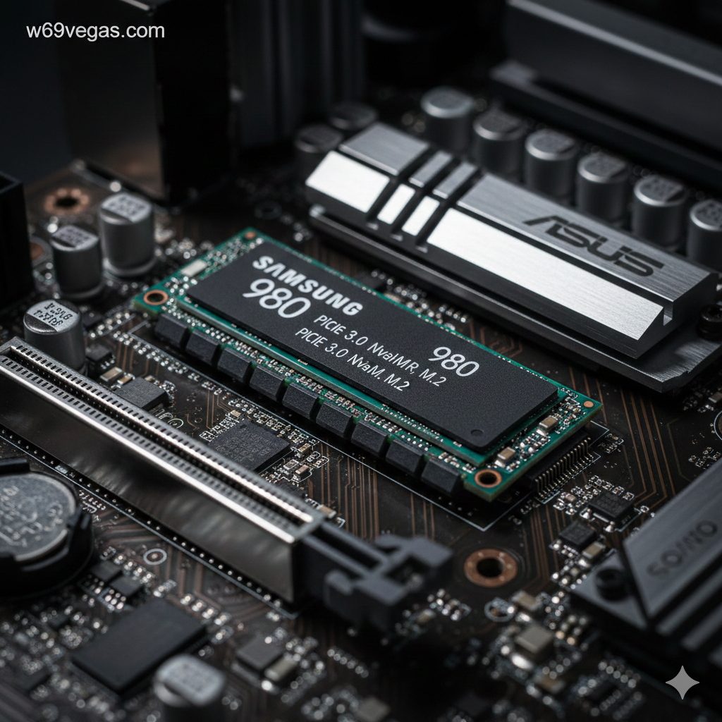 特写（Close-up）一张 ASUS Prime A520M-K 主板的 M.2 SSD 插槽区域。图片焦点应清晰地对准位于 PCIe x16 插槽下方的 M.2 插槽。插槽内应插有一块高性能的 M.2 NVMe SSD（例如Samsung 980），以强调文章的核心主题。主板颜色为深棕/黑色，SSD标签清晰可见。背景可有轻微的散景（bokeh）效果，突出插槽的重要性。使用专业的、高对比度的光线，营造出技术感和指导性强的视觉风格。左上角可叠加w69vegas.com的微小水印以符合站点策略。