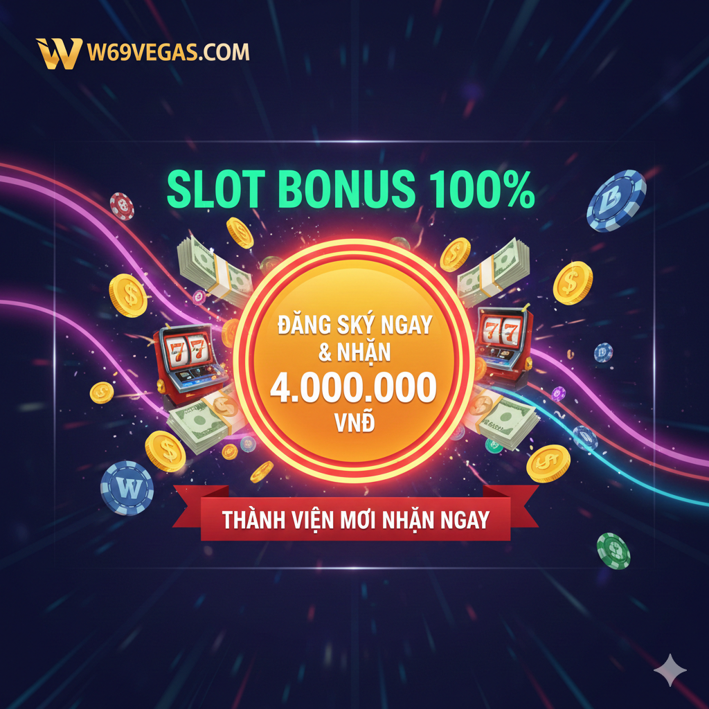 Hình ảnh kêu gọi hành động (Call-to-Action) tổng kết lại chương trình. Hình ảnh nên có một nút bấm lớn, nổi bật màu đỏ hoặc vàng cam với dòng chữ 'ĐĂNG KÝ NGAY & NHẬN 4.000.000 VNĐ' hoặc 'NHẬN SLOT BONUS 100%'. Xung quanh nút là các biểu tượng tiền mặt, đồng xu, và logo W69VEGAS, tạo cảm giác cấp bách và khuyến khích người dùng hành động ngay lập tức. Bố cục năng động, dồn nén thông tin cốt lõi (100% Bonus, 4 Triệu VNĐ, W69VEGAS) vào một khung hình bắt mắt.