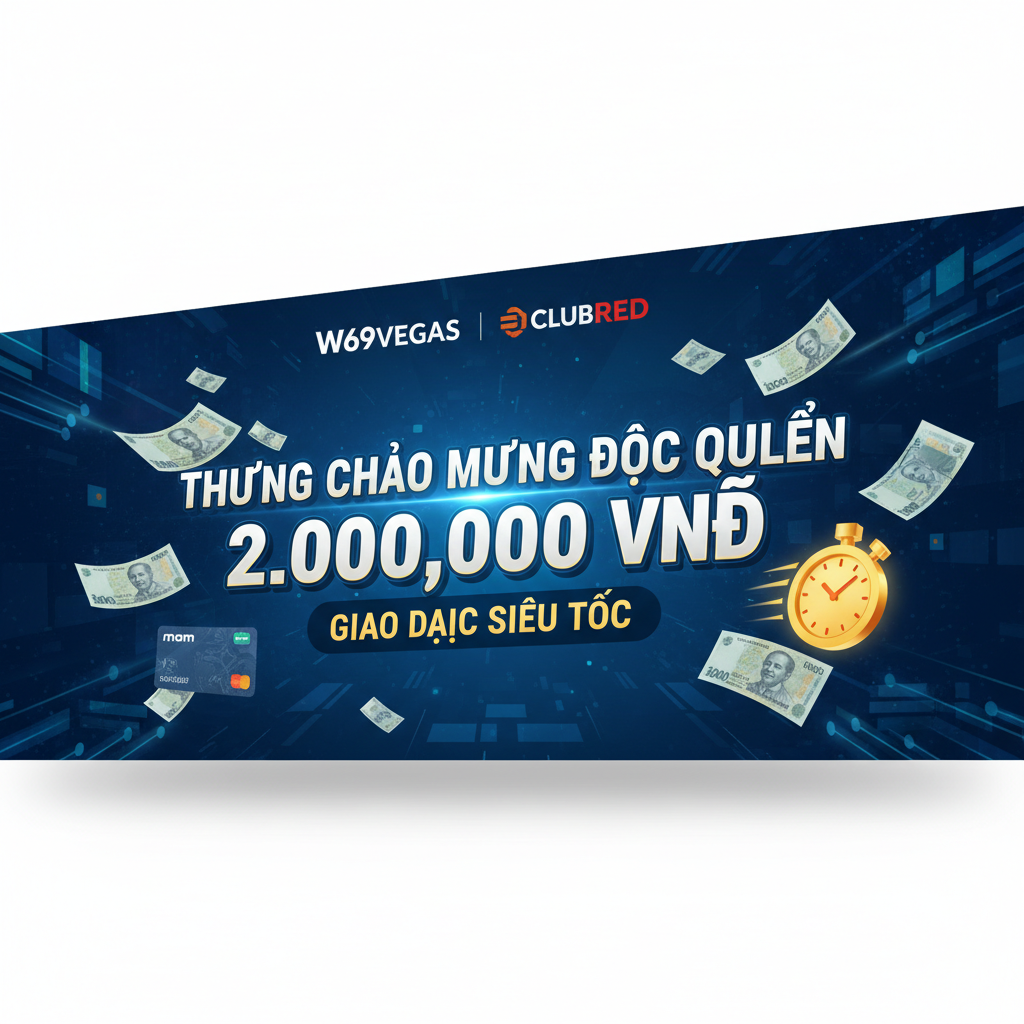 Một tấm bảng hiệu hoặc banner quảng cáo kỹ thuật số lớn, với logo W69Vegas và Clubred đặt gần nhau, thể hiện mối quan hệ đối tác. Nội dung chính trên banner là 'THƯỞNG CHÀO MỪNG ĐỘC QUYỀN 2.000.000 VNĐ' và 'GIAO DỊCH SIÊU TỐC'. Xung quanh là các yếu tố thị giác về tiền tệ (VNĐ), thẻ ngân hàng/Momo, và biểu tượng đồng hồ bấm giờ (tốc độ giao dịch nhanh). Phong cách chuyên nghiệp, màu xanh dương và trắng của W69Vegas có thể được sử dụng làm màu nền để thể hiện độ tin cậy.