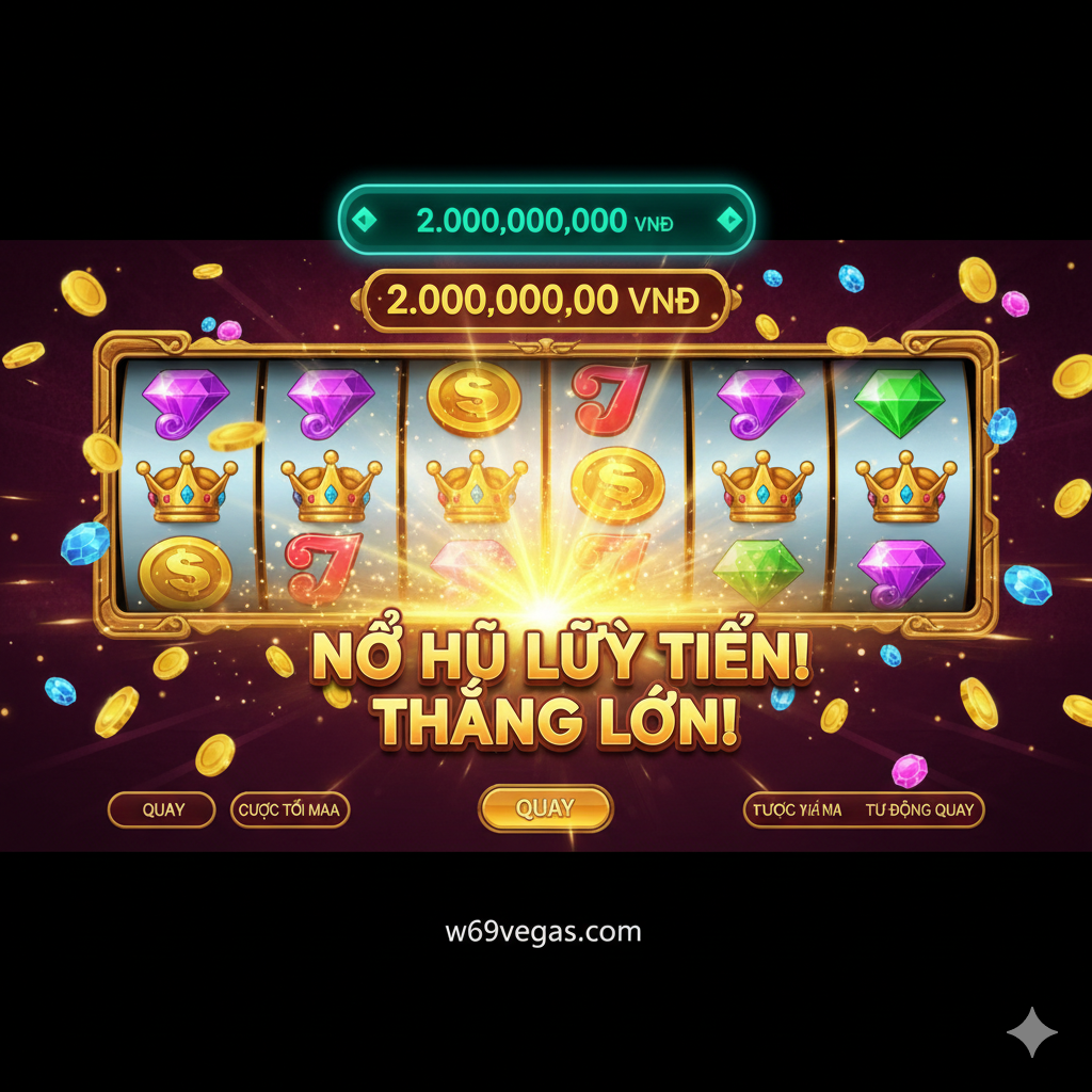 Hình ảnh minh họa tính năng nổi bật 'Jackpot Nổ Hũ Lũy Tiến'. Cảnh chụp màn hình giả định của một Slot Game Clubred với các cuộn quay (reels) đang dừng lại ở một Payline (dòng thanh toán) chiến thắng lớn. Phía trên cùng là một đồng hồ đếm ngược Jackpot đang hiển thị số tiền khổng lồ, ví dụ: '2.000.000.000 VNĐ', màu xanh lá cây nổi bật. Ánh sáng chiếu vào màn hình game, tạo điểm nhấn vào khu vực 'BIG WIN' hoặc 'JACKPOT'. Bố cục tập trung vào kết quả thắng lớn và sự phấn khích của người chơi. Phong cách đồ họa Slot Game sắc nét, chi tiết, tươi sáng.