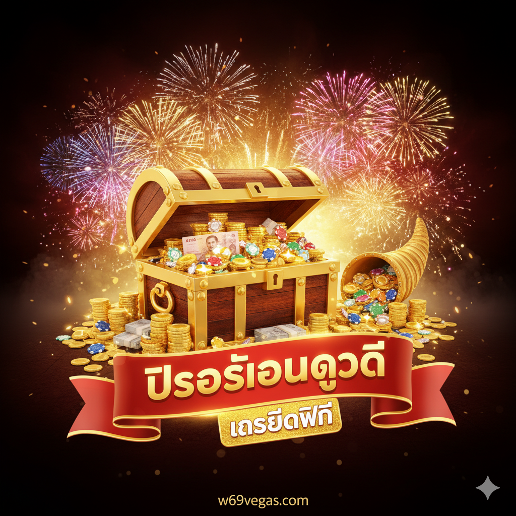 優勢特點圖,重點突出'โปรโมชั่นดูดี (Doodee Promotions)'和'เครดิตฟรี'。畫面主体是一個巨大的寶箱或一個裝滿籌碼、金幣和泰銖的聚寶盆。旁邊放置一個醒目的泰語標籤,如'ฝาก 10 รับ 100'或'เครดิตฟรี'。背景可以設計成絢麗的煙花或爆炸效果,象徵豐厚的獎勵。色彩應充滿誘惑力,如紅色、金色和亮黄色,營造出慷慨和高價值的視覺衝擊力。