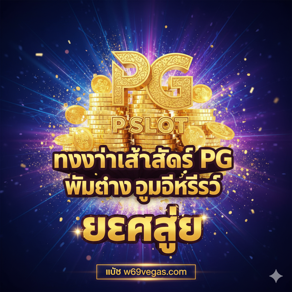 一張引人注目の封面圖,主題是'doodee slot pg'和'w69vegas.com'。畫面中央是巨大的、閃閃發光的PG SLOT老虎機符号或金幣堆,带有泰式金色元素。背景採用深藍色和電光紫的漸變色,營造出奢華和高科技感。重點展示一個醒目的泰語口号,例如 'ทางเข้าเล่นสล็อต PG เว็บตรง ดูดีที่สุด'。構圖應充滿活力,带有放射狀光芒,突出'แตกง่าย'(易爆獎)的刺激感。整體風格為高端、現代的賭場/遊戲視覺。