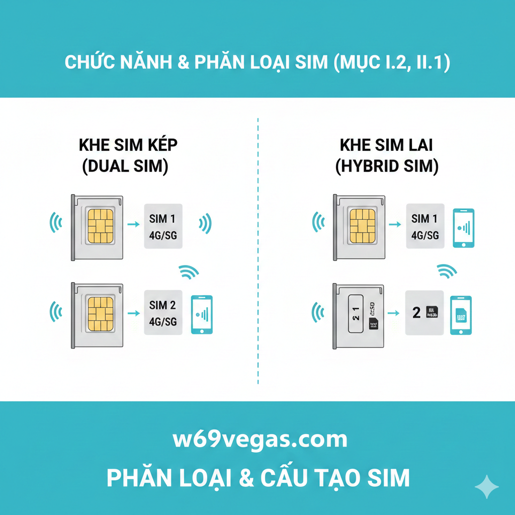Hình ảnh minh họa chức năng và phân loại khe SIM. Ảnh chia làm hai phần: một bên là khay SIM kép (Dual SIM) với hai chỗ đặt thẻ SIM, và bên kia là khay SIM lai (Hybrid SIM) với một chỗ cho SIM chính và chỗ còn lại có biểu tượng cho cả SIM phụ hoặc thẻ nhớ MicroSD. Sử dụng biểu tượng 4G/5G và biểu tượng thẻ nhớ để làm rõ chức năng của từng loại. Màu sắc tươi sáng, sử dụng đồ họa vector hoặc 3D đơn giản hóa để giải thích sự khác biệt giữa hai loại, hỗ trợ cho phần 'Phân loại khe SIM phổ biến' và câu hỏi 'điện thoại 2 sim có khe thẻ nhớ không'.