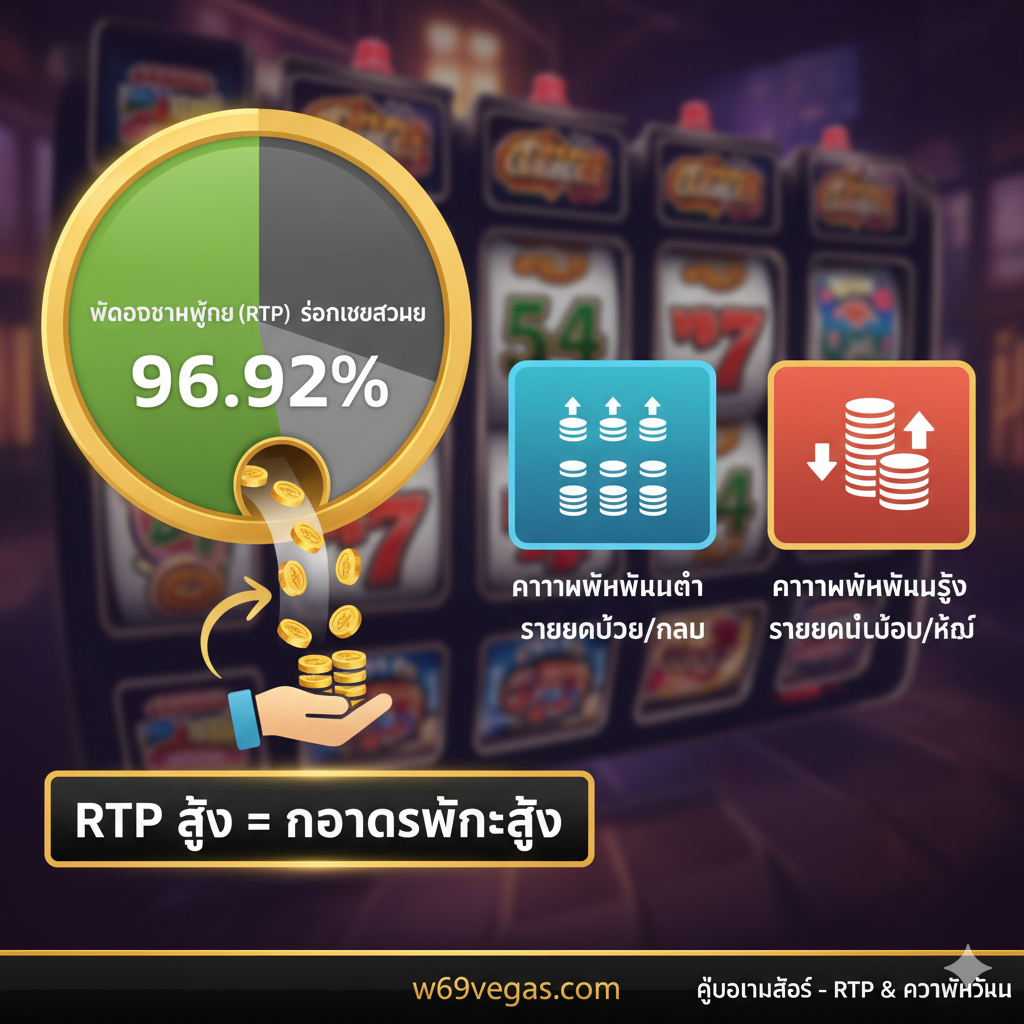 ภาพประกอบส่วนที่อธิบายเรื่อง RTP (Return to Player) และความผันผวน (Volatility) โดยมีวงกลมหรือแผนภูมิที่แสดงแนวคิดของ RTP เป็นเปอร์เซ็นต์ (เช่น 96.92% แบบสมมติ) มีสัญลักษณ์ของเหรียญทองคำที่กำลังไหลกลับไปยังผู้เล่นอย่างต่อเนื่องเพื่อสื่อถึงการจ่ายเงินคืนระยะยาว พร้อมข้อความเน้นย้ำ 'RTP สูง = โอกาสชนะสูง' และมีไอคอนแยกแยะระหว่าง 'Low Volatility' (รางวัลบ่อย/น้อย) กับ 'High Volatility' (รางวัลไม่บ่อย/ใหญ่) ในโทนสีน้ำเงินและแดง เพื่อให้ง่ายต่อการทำความเข้าใจหลักการเลือกเกม