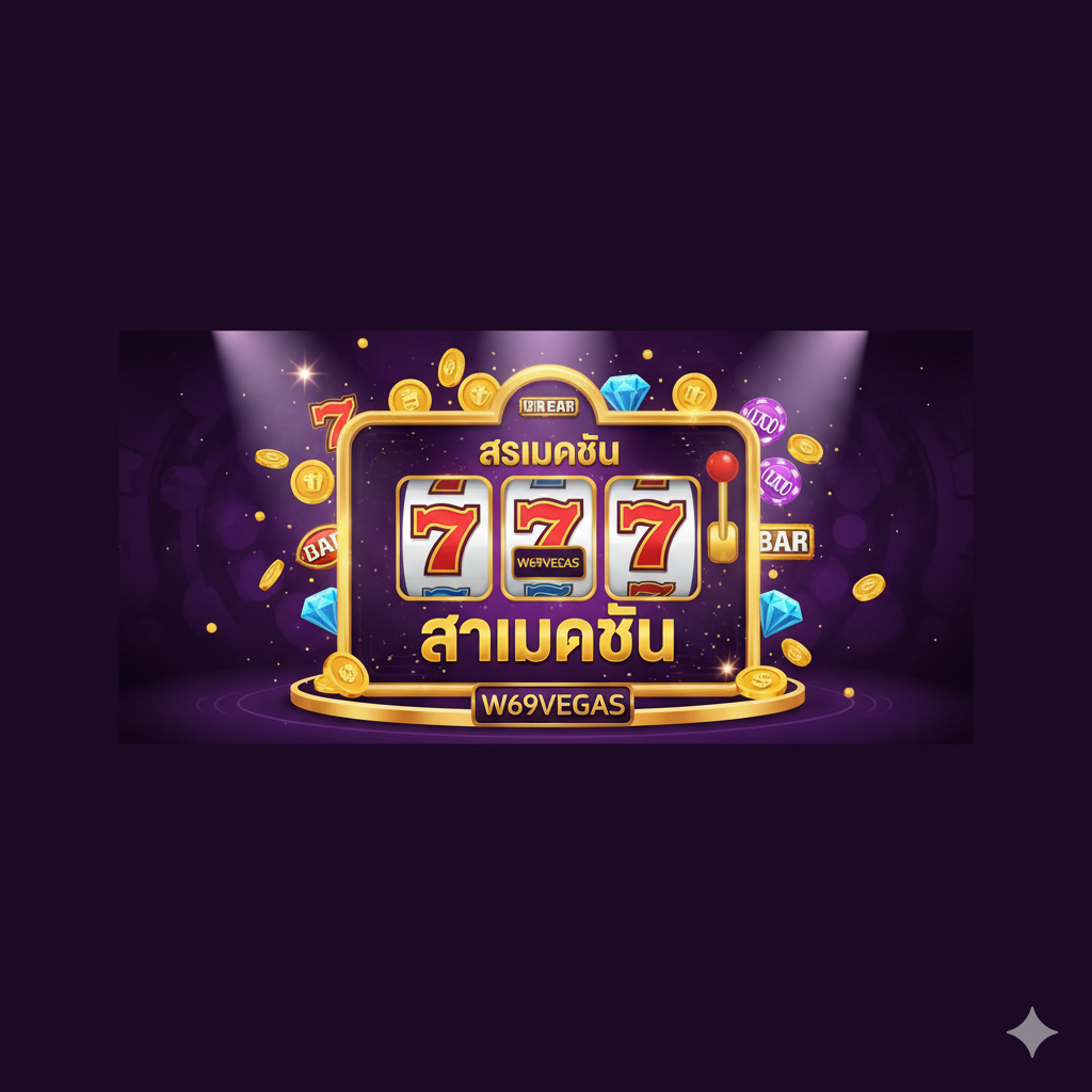 ภาพหน้าปกสไตล์คาสิโนออนไลน์ที่ทันสมัยและหรูหรา เน้นโทนสีม่วงเข้มและทองคำ (W69VEGAS brand colors) ตรงกลางมีสัญลักษณ์ของเกมสล็อตยอดนิยมหลากหลายรูปแบบ เช่น สัญลักษณ์ 777, เพชร, บาร์, และเหรียญทองคำที่มีโลโก้ W69VEGAS เล็กน้อย มีแสงไฟสปอตไลท์ส่องลงมาที่สล็อตแมชชีนดิจิทัลที่แสดงคำว่า 'BIG WIN' หรือ 'JACKPOT' เป็นภาษาไทยและอังกฤษ ภาพรวมให้ความรู้สึกตื่นเต้นและเชื้อเชิญให้เล่นเกมสล็อตแตกง่าย
