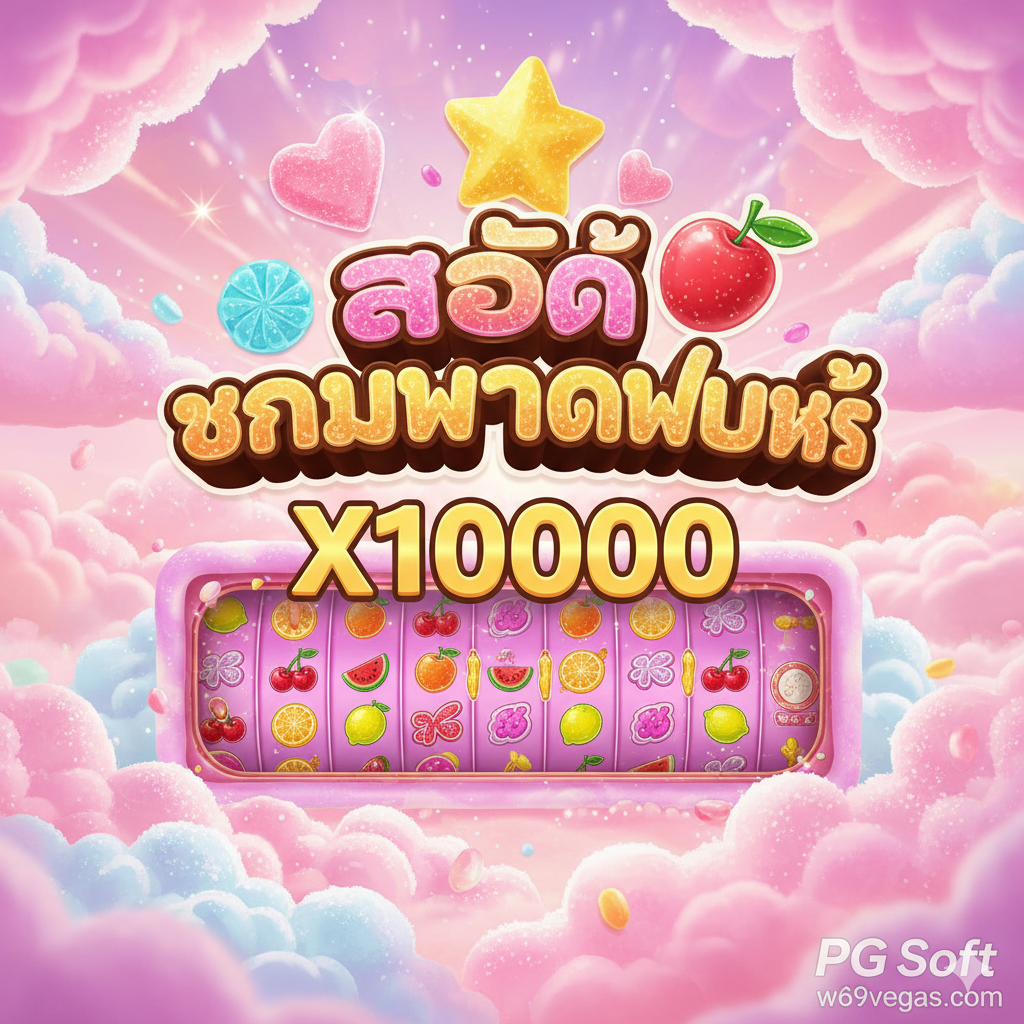 ภาพหน้าปกเกม 'Fruity Candy Slot' ที่น่าดึงดูดใจจากค่าย PG Soft เน้นสีสันสดใสของลูกกวาดและผลไม้ ภาพควรแสดงโลโก้เกมเด่นชัดและสัญลักษณ์ที่มีมูลค่าสูง เช่น ลูกอมรูปดาวหรือหัวใจ พื้นหลังเป็นโลกแห่งขนมหวานที่เต็มไปด้วยเมฆครีมและพื้นผิวเป็นน้ำตาล ฉากหลังควรมีประกายแวววาวและแสงสะท้อนของความหวาน มีตัวเลข 'X10000' ขนาดใหญ่วางไว้เพื่อเน้นโอกาสชนะสูงสุด พร้อมกับโลโก้ 'PG Soft' และ 'w69vegas' อย่าง discreet ที่มุมใดมุมหนึ่งเพื่อความเป็นเจ้าของคอนเทนต์ สไตล์ภาพต้องเป็น 3D กราฟิกคุณภาพสูง สื่อถึงความตื่นเต้นและแจ็คพอตที่กำลังจะแตก