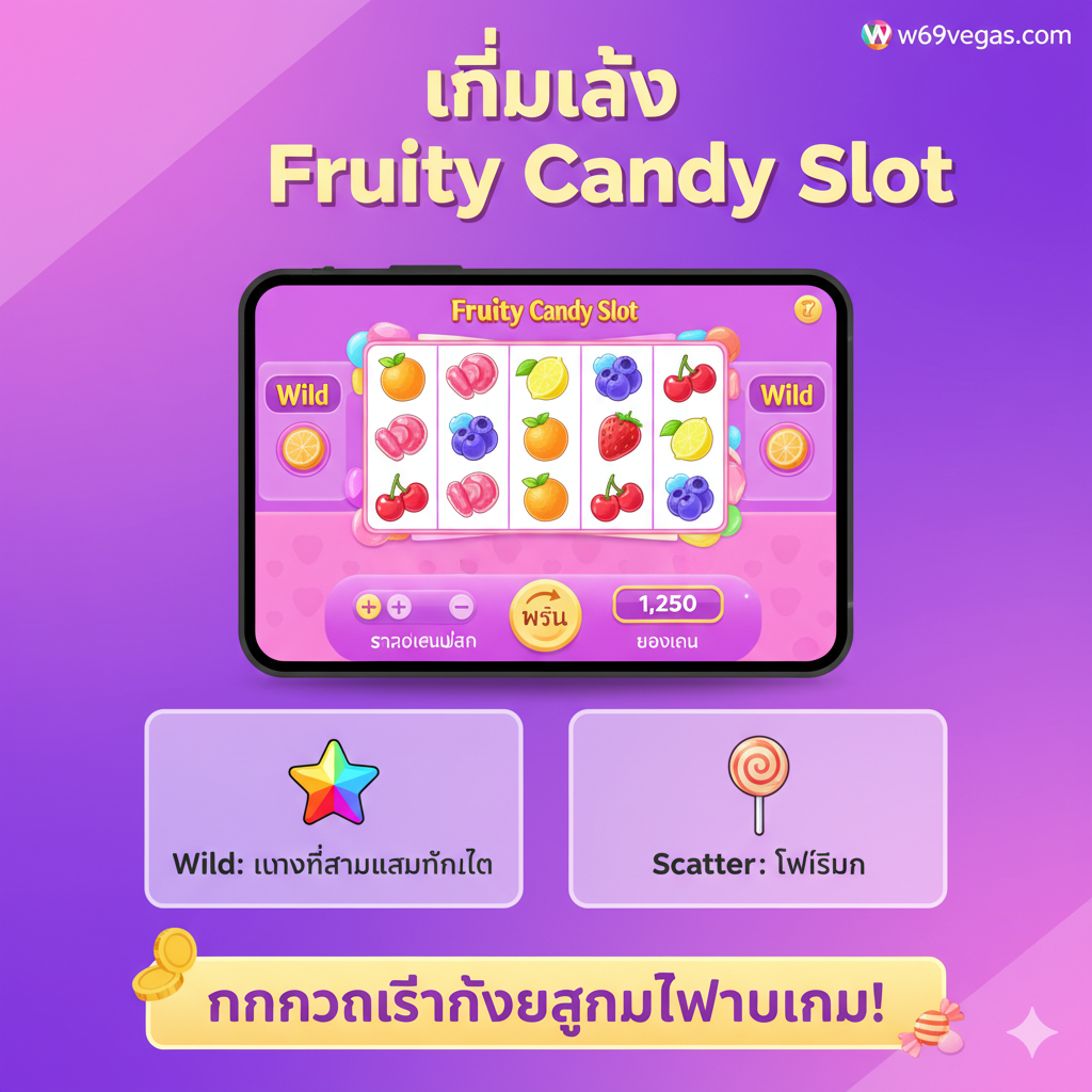 ภาพแนวอินโฟกราฟิกหรือไกด์ไลน์ที่แสดง 'วิธีเล่น Fruity Candy Slot' อย่างง่ายๆ องค์ประกอบควรประกอบด้วยหน้าจอเกมที่มีปุ่มกดและข้อมูลที่สำคัญ เช่น 'ปุ่ม Bet Size', 'ปุ่ม Spin' และ 'ช่องแสดงยอดเงิน' ภาพควรรวมถึงสัญลักษณ์ Wild และ Scatter ที่มีคำอธิบายสั้นๆ เป็นภาษาไทยกำกับอยู่ (เช่น Wild = แทนที่สัญลักษณ์, Scatter = ฟรีสปิน) ใช้การจัดวางแบบแบ่งช่อง (split-screen) หรือกล่องข้อความที่มีไอคอนกำกับเพื่อความชัดเจน สไตล์ภาพสะอาดตา เน้นการใช้งานจริงบนมือถือ (Mobile View) เพื่อให้ผู้อ่านเข้าใจขั้นตอนการเดิมพันอย่างรวดเร็ว