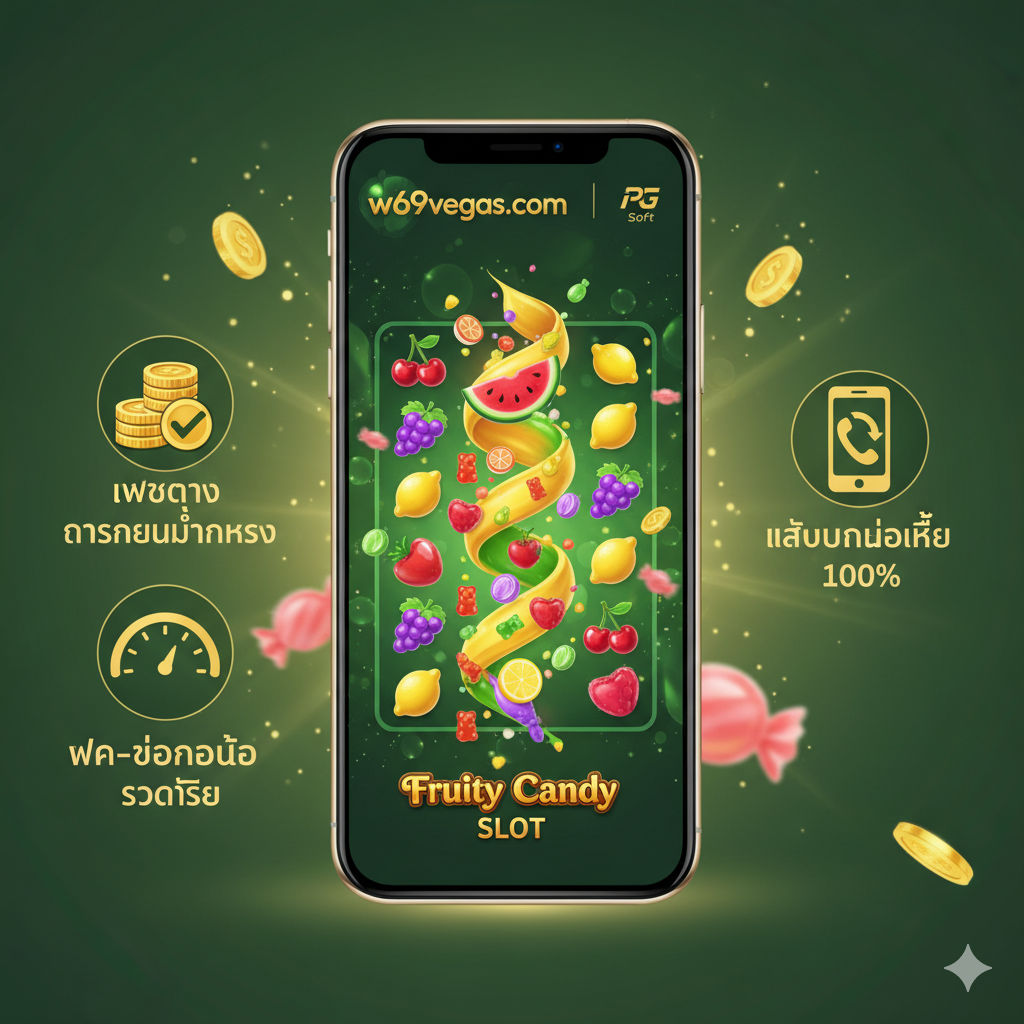 ภาพเน้นข้อได้เปรียบของการเล่นที่ w69vegas.com โดยมีสัญลักษณ์ของความน่าเชื่อถือและความรวดเร็ว ตรงกลางภาพคือหน้าจอโทรศัพท์มือถือที่กำลังแสดงหน้าจอเกม 'Fruity Candy Slot' อย่างลื่นไหล โดยมีโลโก้ w69vegas.com และ PG Soft อยู่ด้านบน ด้านข้างมีไอคอนและข้อความหลักสามอย่างที่สื่อถึงข้อดี: 1. รูปไอคอนเงินสดพร้อมคำว่า 'เว็บตรง การเงินมั่นคง' 2. รูปไอคอนความเร็วพร้อมคำว่า 'ฝาก-ถอนออโต้ รวดเร็ว' และ 3. รูปไอคอนโทรศัพท์มือถือพร้อมคำว่า 'เล่นบนมือถือ 100%' ใช้สีเขียวและสีทองของ w69vegas เพื่อเน้นความน่าเชื่อถือและความพรีเมียม