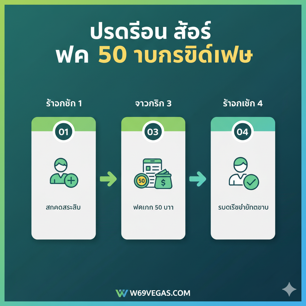 ภาพอินโฟกราฟิกแบบ 4 ขั้นตอน (Step-by-Step) ที่เข้าใจง่าย แสดง "ขั้นตอนการรับโปรโมชั่น ฝาก 50" ใช้ไอคอนที่เรียบง่ายและชัดเจน: 1. ไอคอน "สมัครสมาชิก" (รูปคนบวก), 2. ไอคอน "กรอกข้อมูล" (รูปฟอร์มบนมือถือ), 3. ไอคอน "ฝากเงิน 50 บาท" (รูปเหรียญ 50 บาทและ Wallet), 4. ไอคอน "รับเครดิตอัตโนมัติ" (รูปยูสเซอร์ที่มีเครดิตเพิ่มขึ้นพร้อมเครื่องหมายถูก) มีลูกศรเชื่อมโยงแต่ละขั้นตอน ใช้สีเขียวและสีฟ้าเพื่อสื่อถึงความง่าย รวดเร็ว และเป็นมิตรต่อผู้ใช้