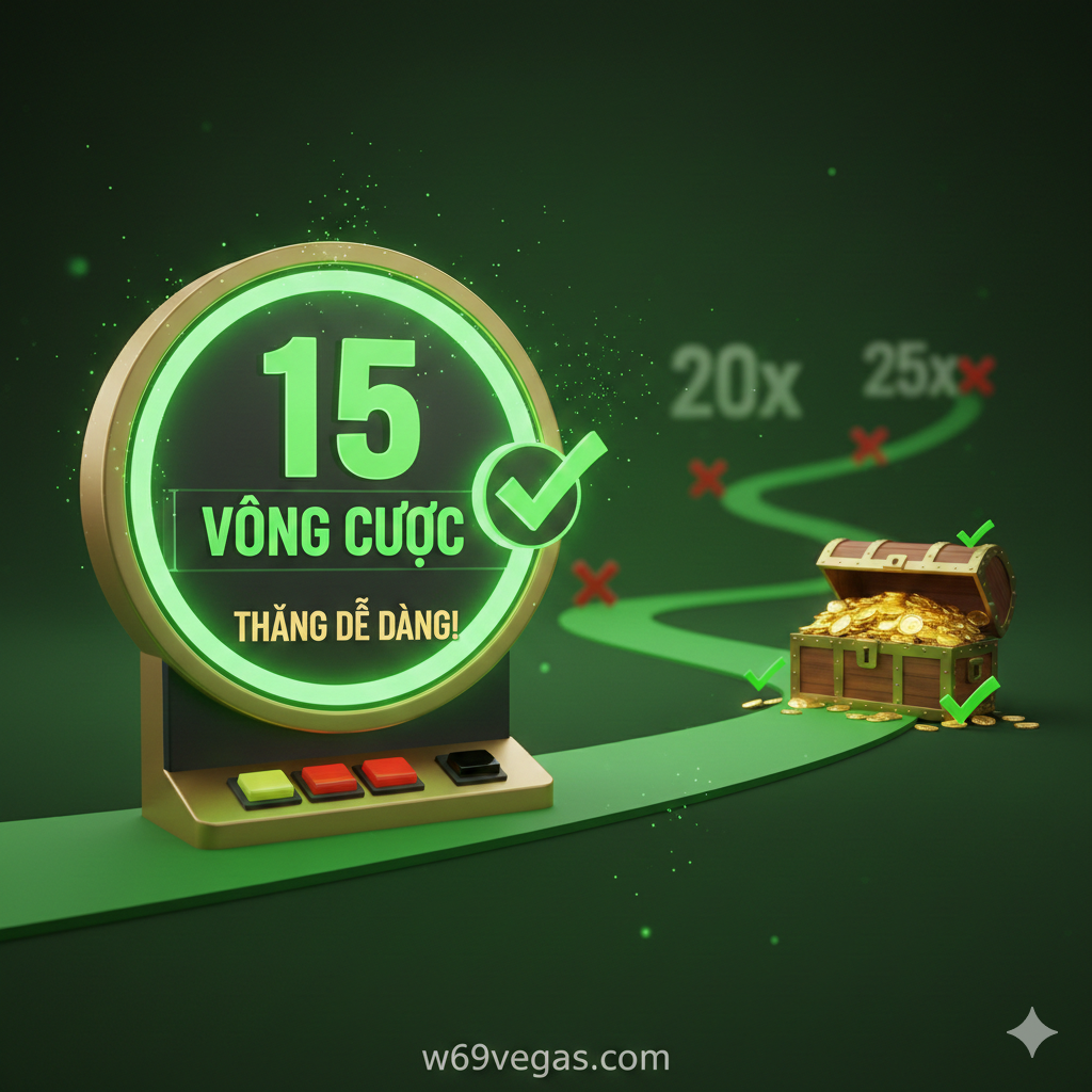 Hình ảnh tập trung làm nổi bật lợi thế 'Vòng Cược Thấp (15x)'. Hình ảnh nên có một máy Slot Game với màn hình hiển thị chỉ số '15x WAGERING' (hoặc '15 VÒNG CƯỢC') nổi bật, như một chỉ số chiến thắng dễ đạt được. Có thể sử dụng hình ảnh một con đường ngắn hơn hoặc một chướng ngại vật thấp hơn so với các chướng ngại vật cao hơn mờ ảo (đại diện cho 20x, 25x), ngụ ý điều kiện rút tiền dễ dàng hơn. Sử dụng màu xanh lá cây và các dấu tích (checkmarks) để biểu thị sự dễ dàng, thuận lợi và cơ hội chiến thắng cao.