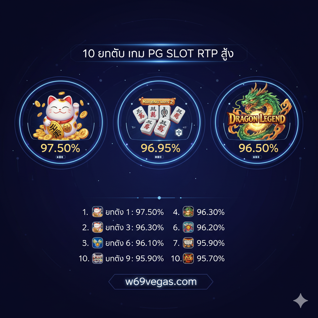 ภาพประกอบส่วนที่แสดง 10 อันดับเกม PG Slot RTP สูง เน้นแสดงภาพตัวอย่างของ 3 เกมเด่น: Lucky Neko, Mahjong Ways 2, และ Dragon Legend ในลักษณะกรอบสามช่อง (Triptych) หรือวงล้อที่หมุนอยู่ โดยแต่ละเกมมีตัวเลข RTP ที่เกี่ยวข้อง (เช่น 97.50%) และไอคอนเล็กๆ ที่สื่อถึง 'ความผันผวน' (Volatility) เช่น มิเตอร์วัดระดับความเสี่ยง ใช้ฉากหลังสีน้ำเงินเข้มหรือม่วงเพื่อขับเน้นกราฟิกของเกมให้ดูโดดเด่นและมีมิติ ภาพรวมต้องสื่อถึงการจัดอันดับและข้อมูลสถิติที่น่าเชื่อถือ
