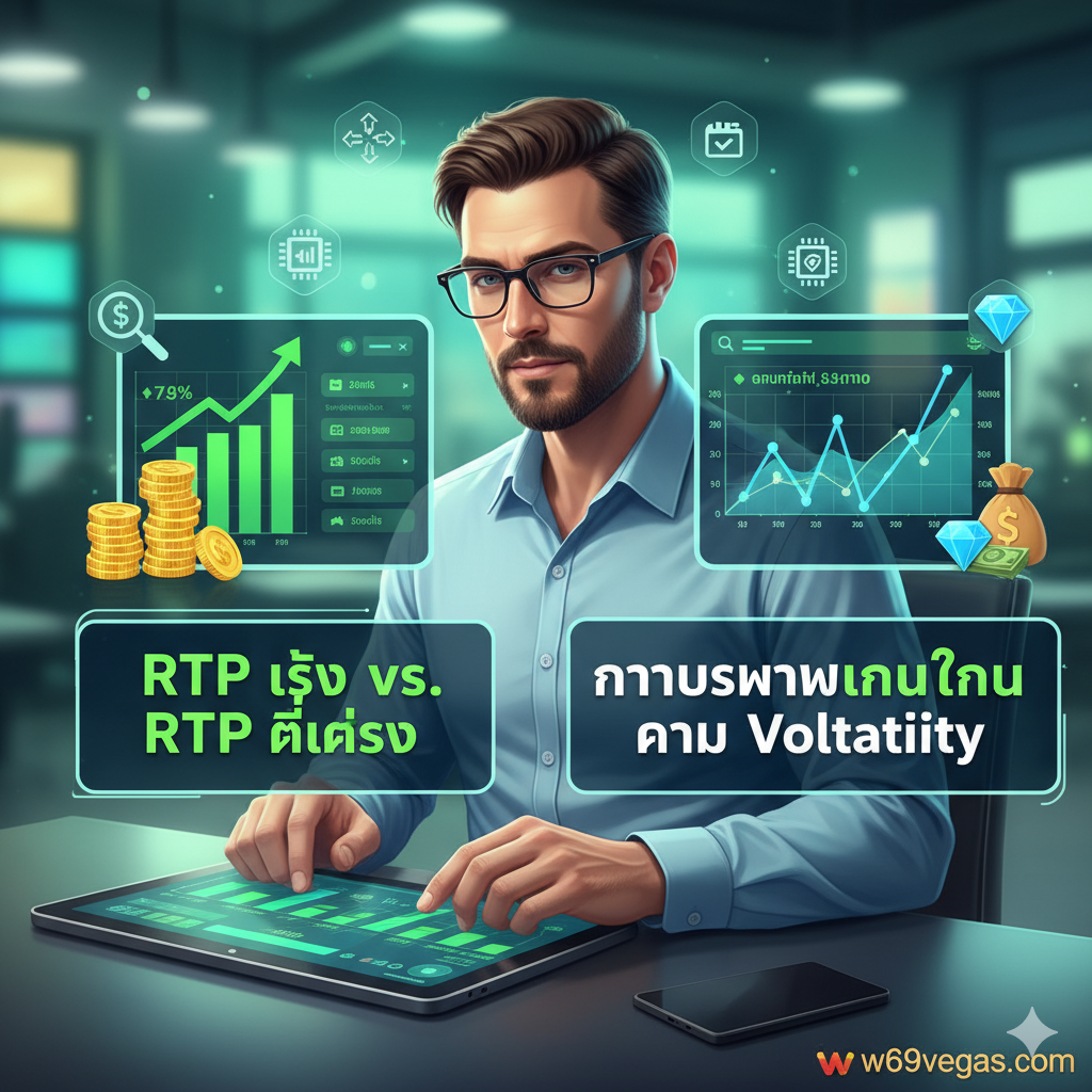 ภาพประกอบส่วนกลยุทธ์การเล่นและการตรวจสอบ RTP อย่างชาญฉลาด ภาพควรแสดงไอคอนที่สื่อถึงการวิเคราะห์ข้อมูล เช่น กราฟแท่งที่กำลังพุ่งขึ้น ลูกศรชี้ขึ้น และสัญลักษณ์เหรียญทองหรือเพชร โดยมีตัวละครที่ดูเป็นมืออาชีพกำลังวิเคราะห์ข้อมูลสถิติบนหน้าจอคอมพิวเตอร์หรือแท็บเล็ต เน้นการแสดงภาพที่สื่อถึง 'RTP จริง vs. RTP ที่แสดง' และ 'การบริหารเงินทุนตาม Volatility' ใช้โทนสีเขียวและน้ำเงินเพื่อสื่อถึงความแม่นยำและการวางแผนทางการเงินที่มั่นคง