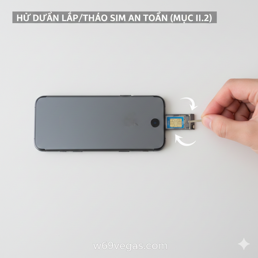 Hình ảnh hướng dẫn lắp và tháo SIM an toàn. Ảnh chụp từ góc trên (top-down view) một bàn làm việc sạch sẽ. Các yếu tố bao gồm: một chiếc điện thoại di động (iPhone hoặc Samsung) đang đặt ngang, một que chọc SIM (SIM eject pin) được cầm bởi một bàn tay (có thể mờ) đang chọc vào lỗ nhỏ bên cạnh khe SIM. Khay SIM được đẩy ra ngoài một cách nhẹ nhàng. Hình ảnh cần trực quan, rõ ràng từng bước, có các mũi tên chỉ dẫn mờ để hướng dẫn thao tác đúng cách, hỗ trợ cho mục 'Hướng dẫn lắp và tháo SIM an toàn'.
