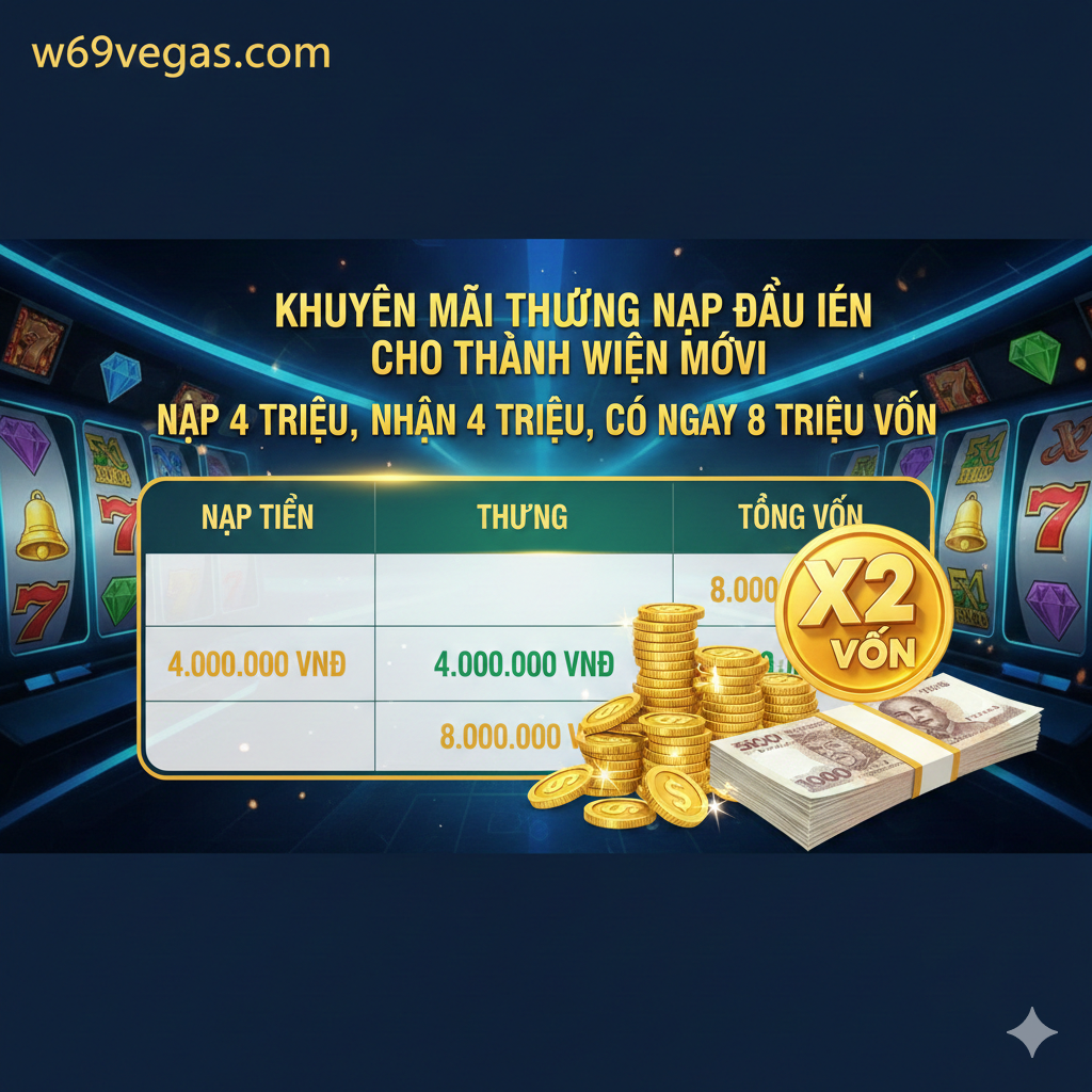 Ảnh bìa mang phong cách casino sang trọng, hiện đại với tông màu chủ đạo là vàng kim, đen và đỏ. Trung tâm ảnh là một máy Slot Game (máy xèng) lấp lánh với màn hình hiển thị biểu tượng 'JACKPOT' hoặc 'BIG WIN'. Phía trên máy Slot Game là dòng chữ to, nổi bật 'SLOT BONUS NEW MEMBER 100%' cùng với con số '4.000.000 VNĐ' được thiết kế như phần thưởng đang tuôn ra. Góc dưới có logo hoặc tên 'W69VEGAS.COM' nhỏ gọn. Hình ảnh phải truyền tải cảm giác kích thích, giàu có và may mắn.