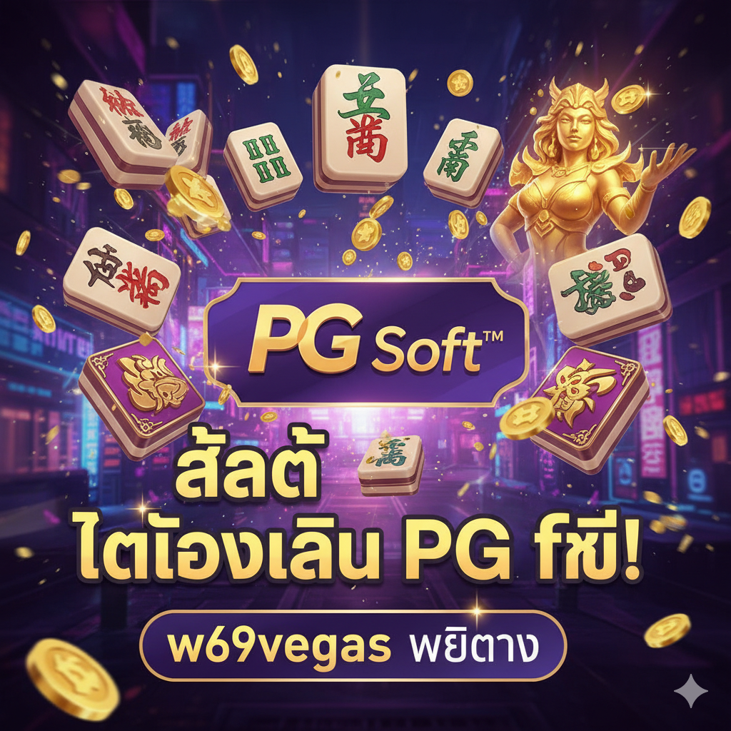 ภาพหน้าปกสไตล์ 3D Graphic สุดอลังการเน้นธีม PG Soft™ (Pocket Games Soft) ให้ความรู้สึกตื่นเต้นและพรีเมียม โทนสีหลักควรเป็นสีทอง, สีม่วง, และสีน้ำเงินเข้ม แสดงให้เห็นสัญลักษณ์เกมสล็อต PG ยอดนิยมบางส่วน (เช่น สาวถ้ำ, ไพ่นกกระจอก) พร้อมโลโก้ PG Soft™ และมีข้อความขนาดใหญ่เป็นภาษาไทยว่า 'slot ทดลองเล่น PG ฟรี! w69vegas เว็บตรง' ตัวอักษรควรมีประกายแวววาวเพื่อดึงดูดสายตาและสื่อถึงความร่ำรวย