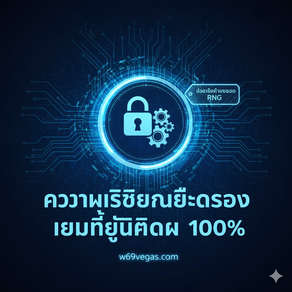 一张科技感和信任感的图片，用于突出 tb777 slot 的核心优势，如稳定性和公平性（RNG）。背景是深蓝色或青色的电路板纹理，暗示系统的高科技和稳定。中央是一个带有锁头（代表安全）和齿轮（代表系统稳定运行）的圆形图标。图标周围有数据流线和 'RNG Certified' 的小标签。用泰语大字在图上标注 'ความเสถียรเหนือระดับ' (稳定性超越水平) และ 'เกมที่ยุติธรรม 100%' (游戏公平 100%)。风格应是未来主义和专业感。
