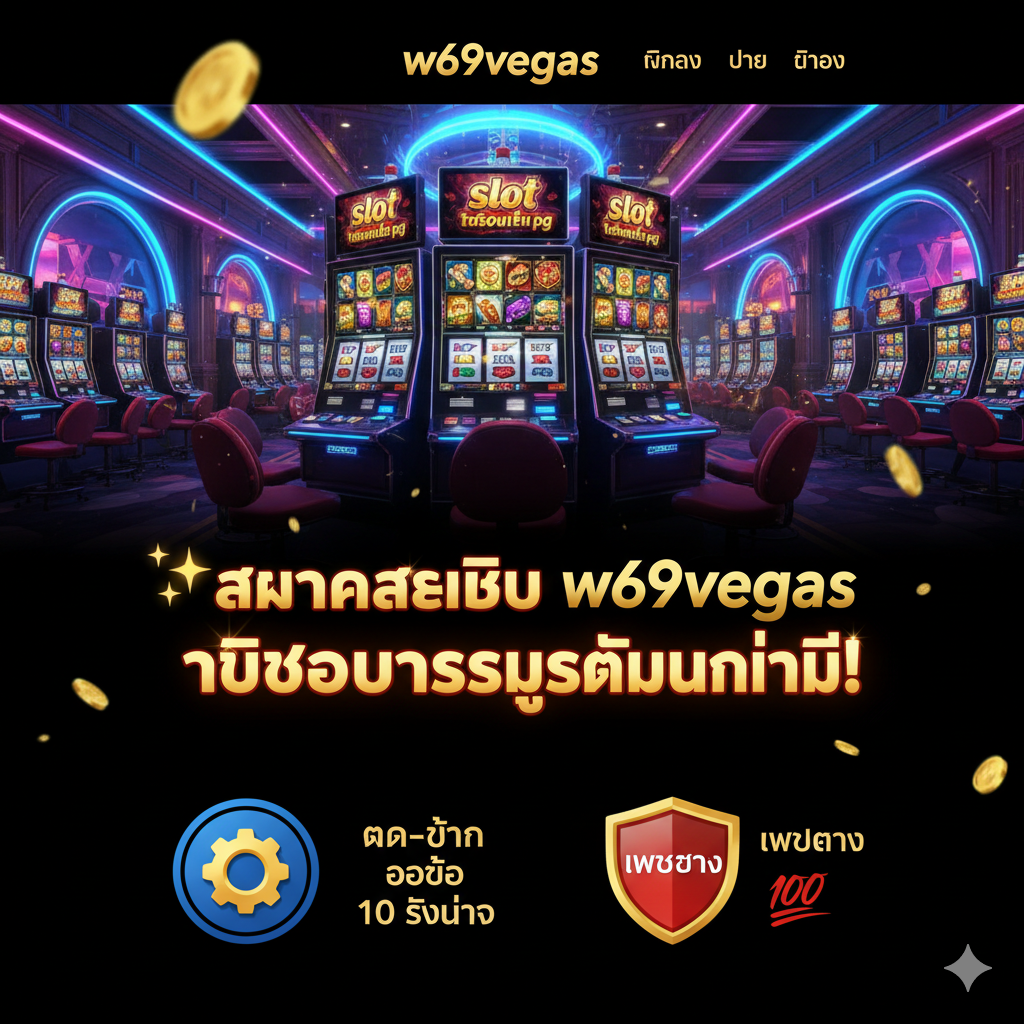 ภาพสรุปและ Call-to-Action (CTA) แสดงภาพพื้นหลังของคาสิโนออนไลน์ที่หรูหราพร้อมแสงไฟนีออนสว่างไสว โดดเด่นด้วยข้อความขนาดใหญ่และดึงดูดใจเป็นภาษาไทยว่า '✨ สมัครสมาชิก w69vegas รับโบนัสสูงสุดทันที!' พร้อมมีไอคอนของระบบ 'ฝาก-ถอน ออโต้ 10 วินาที' และโลโก้ความน่าเชื่อถือ 'เว็บตรง 💯' วางอยู่ข้างๆ ใช้สีทองและสีแดงเพื่อสร้างความรู้สึกถึงโอกาสในการทำเงินและกระตุ้นให้เกิดการตัดสินใจเล่นจริง