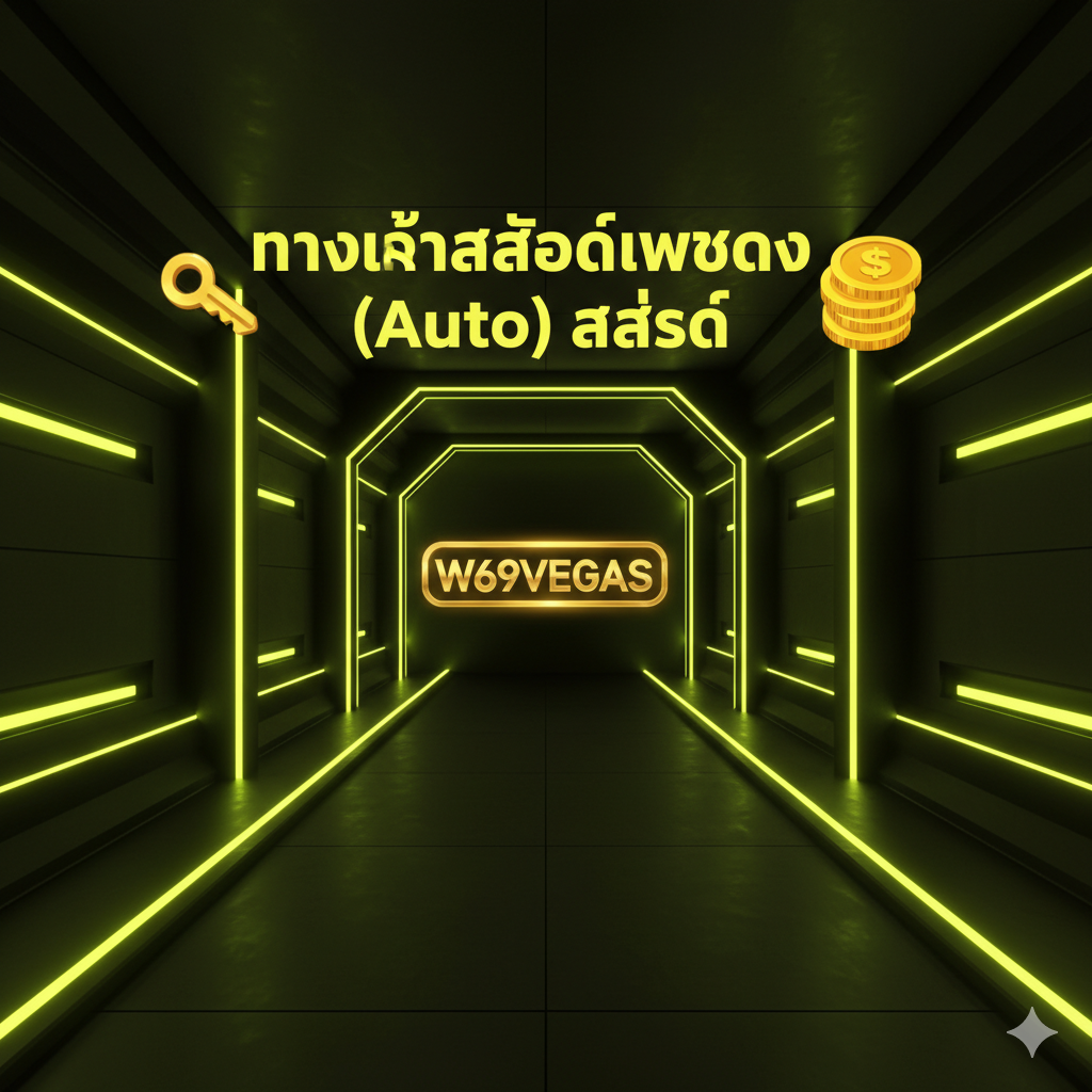 ภาพ应เป็นภาพหน้าปกที่ดึงดูดใจ (Hero Image) สำหรับบทความ 'ทางเข้า w69vegas.com เว็บตรง'. ภาพมีโทนสีดำ-ทอง-เขียว (เขียวมะนาว/นีออน) เพื่อสื่อถึงความหรูหราและความเร็ว. องค์ประกอบหลักคือประตูทางเข้า (Entrance) ของคาสิโนออนไลน์ที่มีแสงนีออนสว่างไสว รูปแบบคล้ายอุโมงค์ดิจิทัล นำสายตาไปยังโลโก้ 'W69VEGAS' ที่เป็นประกายอยู่ด้านใน มีข้อความเด่นเป็นภาษาไทย 'ทางเข้าสล็อตเว็บตรง (Auto) ล่าสุด' และไอคอนกุญแจ (Key) กับเหรียญทอง (Coin) ประกอบเล็กน้อย สื่อถึงการเข้าถึงและโอกาสทำกำไร ภาพรวมให้ความรู้สึกตื่นเต้นและทันสมัย.
