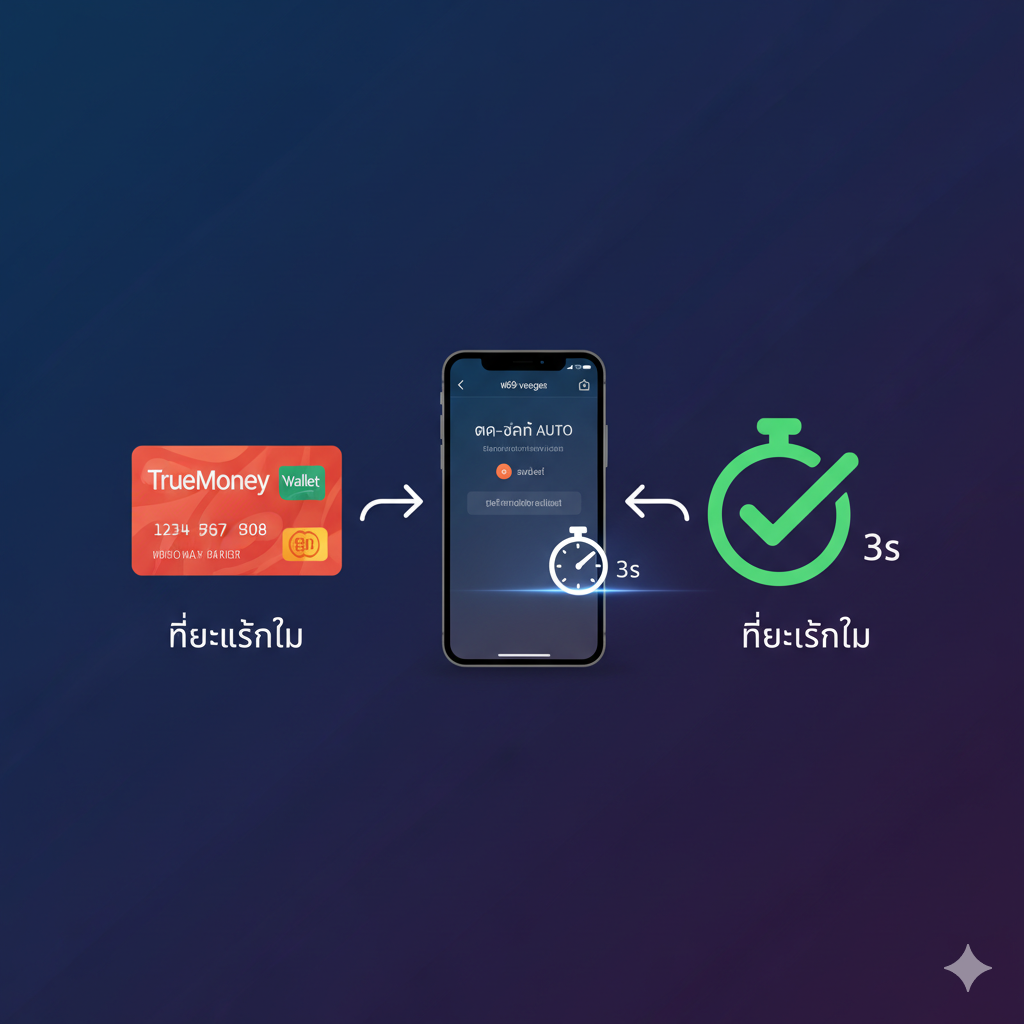 ภาพเน้นฟีเจอร์เด่น 'สล็อตวอเลท ไม่มีขั้นต่ำ' และ 'สล็อต ออ โต้ 3 วินาที'. พื้นหลังเป็นสีน้ำเงินเข้มหรือม่วงเข้ม มีการจัดวางรูปภาพของบัตร TrueMoney Wallet สีแดงส้ม และไอคอนนาฬิกาจับเวลา (Stopwatch) ที่แสดงเลข '3s' (3 วินาที). ตรงกลางภาพมีมือถือที่แสดงหน้าจอการทำธุรกรรมแบบ 'ฝาก-ถอน AUTO' ที่เสร็จสิ้นแล้วอย่างรวดเร็ว มีลูกศรโค้งเชื่อมโยงระหว่าง Wallet, มือถือ และไอคอนเครื่องหมายถูก (Check Mark) ขนาดใหญ่ สื่อถึงความง่าย รวดเร็ว และไม่มีขั้นต่ำ องค์ประกอบดูสะอาดตาและเน้นการใช้งานจริง.