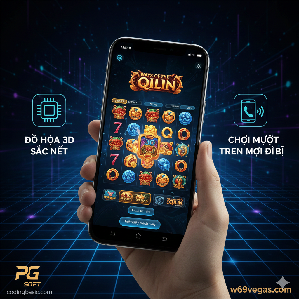 图片聚焦PG Soft的“Mobile-First”和高质量3D图形功能。画面中央展示一部高端智能手机（iPhone或Android）手持特写，屏幕上是PG Slot游戏（如Ways of the Qilin）的3D精美界面，界面应占据大部分屏幕空间，突出其移动端适配的完美性。背景可以是一个抽象的、充满高科技感的蓝色或紫色光线网格，两侧分别用越南语小图标或文字标注“Đồ Họa 3D Sắc Nét” và “Chơi Mượt Trên Mọi Thiết Bị”来强调其核心功能。整体风格现代、科技感强。
