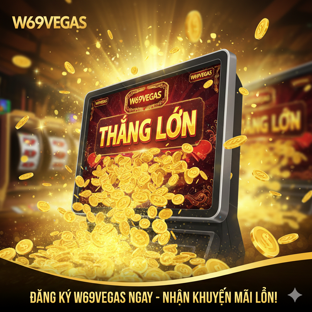 图片作为文章的总结，激励用户立即行动，强调赢取大奖。画面是庆祝成功的场景：一个巨大的老虎机画面正在显示“JACKPOT WINNER”或越南语“THẮNG LỚN”的字样，大量金币（tiền vàng）从屏幕中涌出，光芒四射。背景可以模糊地带出W69Vegas的品牌元素，但焦点必须在胜利和财富上。构图充满动感和兴奋感，色彩以金黄、闪耀为主。下方配有清晰的越南语CTA（Call-to-Action）文字：“Đăng Ký W69Vegas Ngay - Nhận Khuyến Mãi Lớn!”